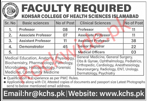 Kohsar College of Health Sciences Jobs in Islamabad